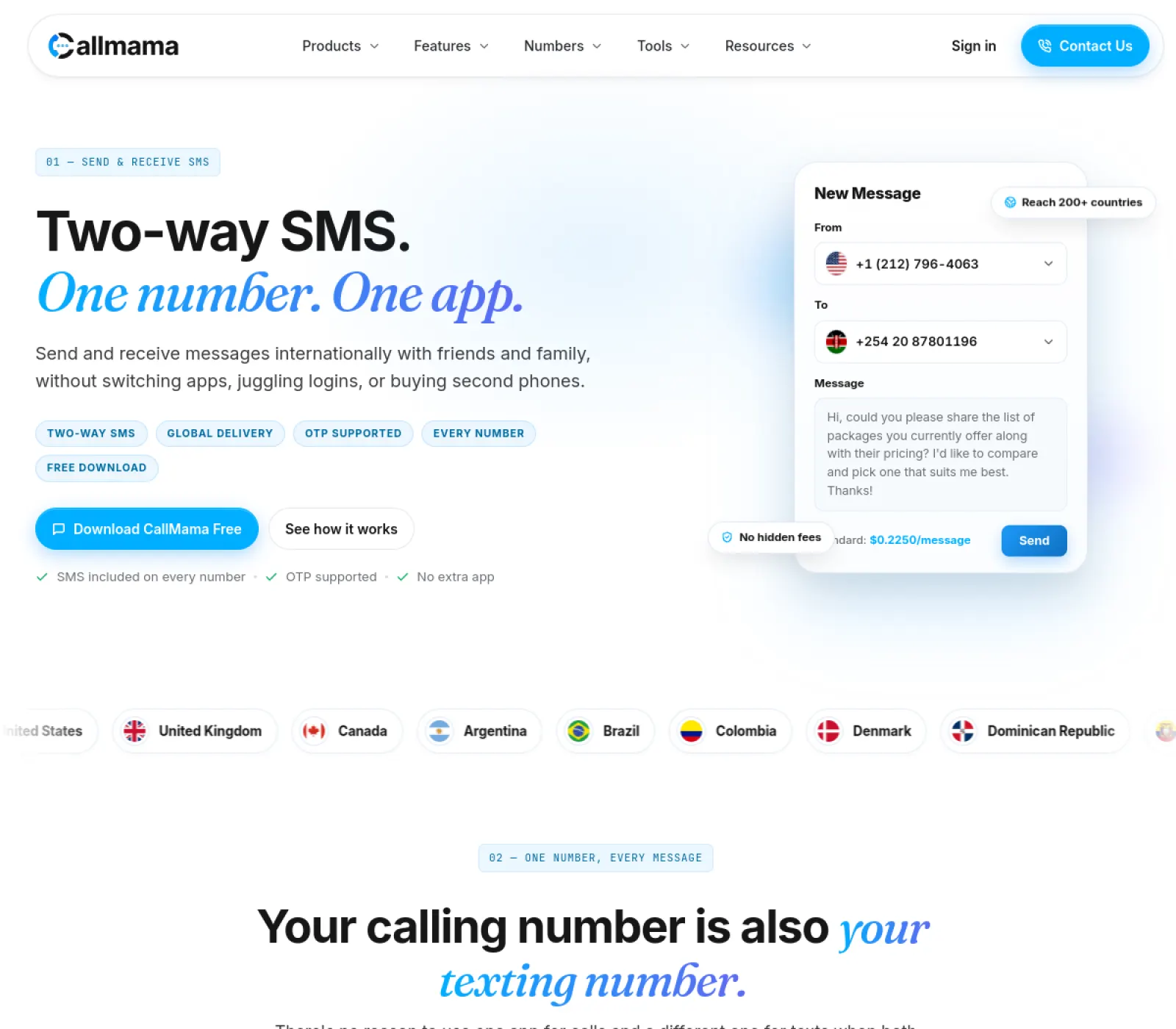 CallMama official send and receive SMS page