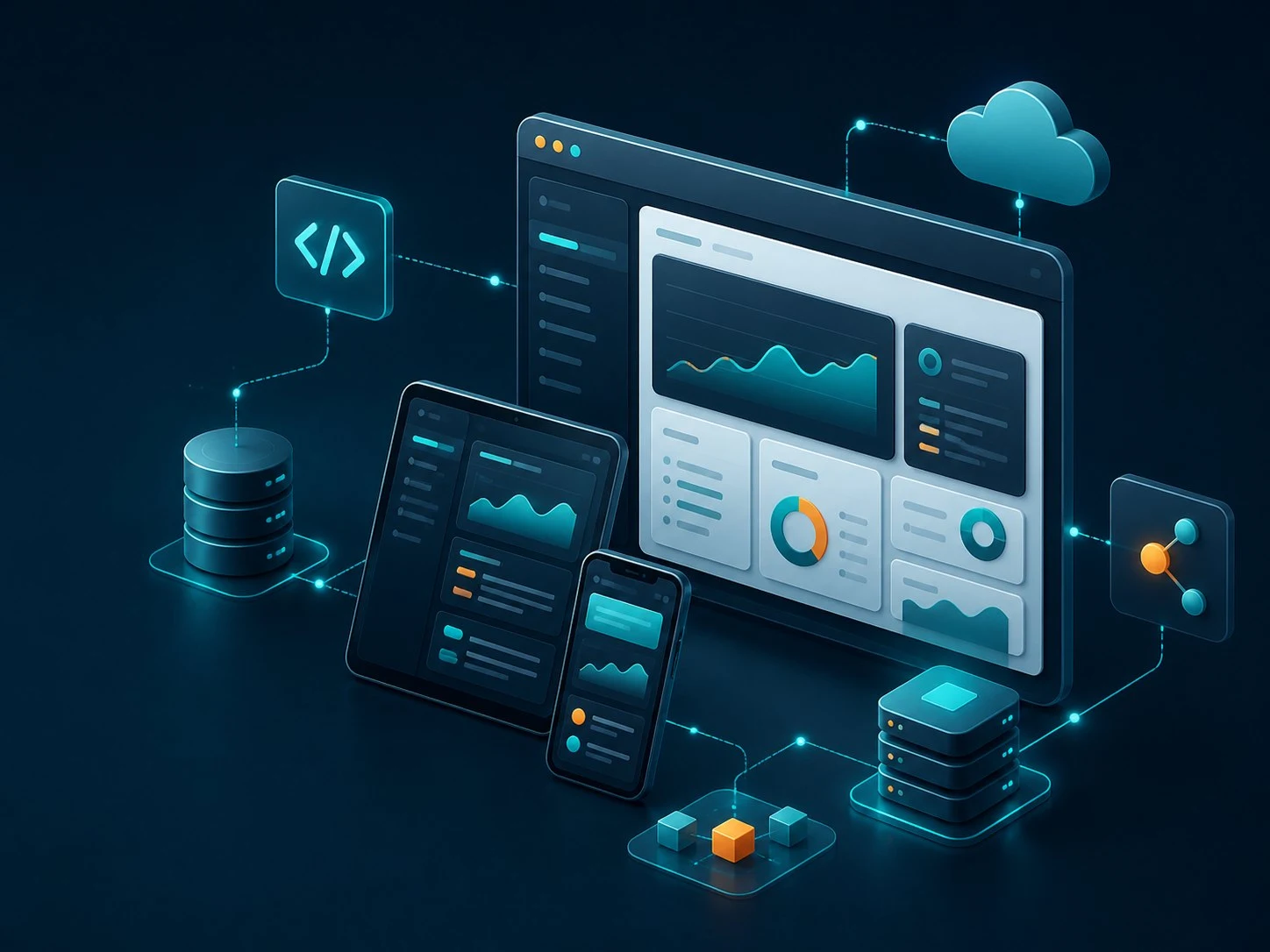 Responsive web application dashboards connected to cloud services, APIs, and databases