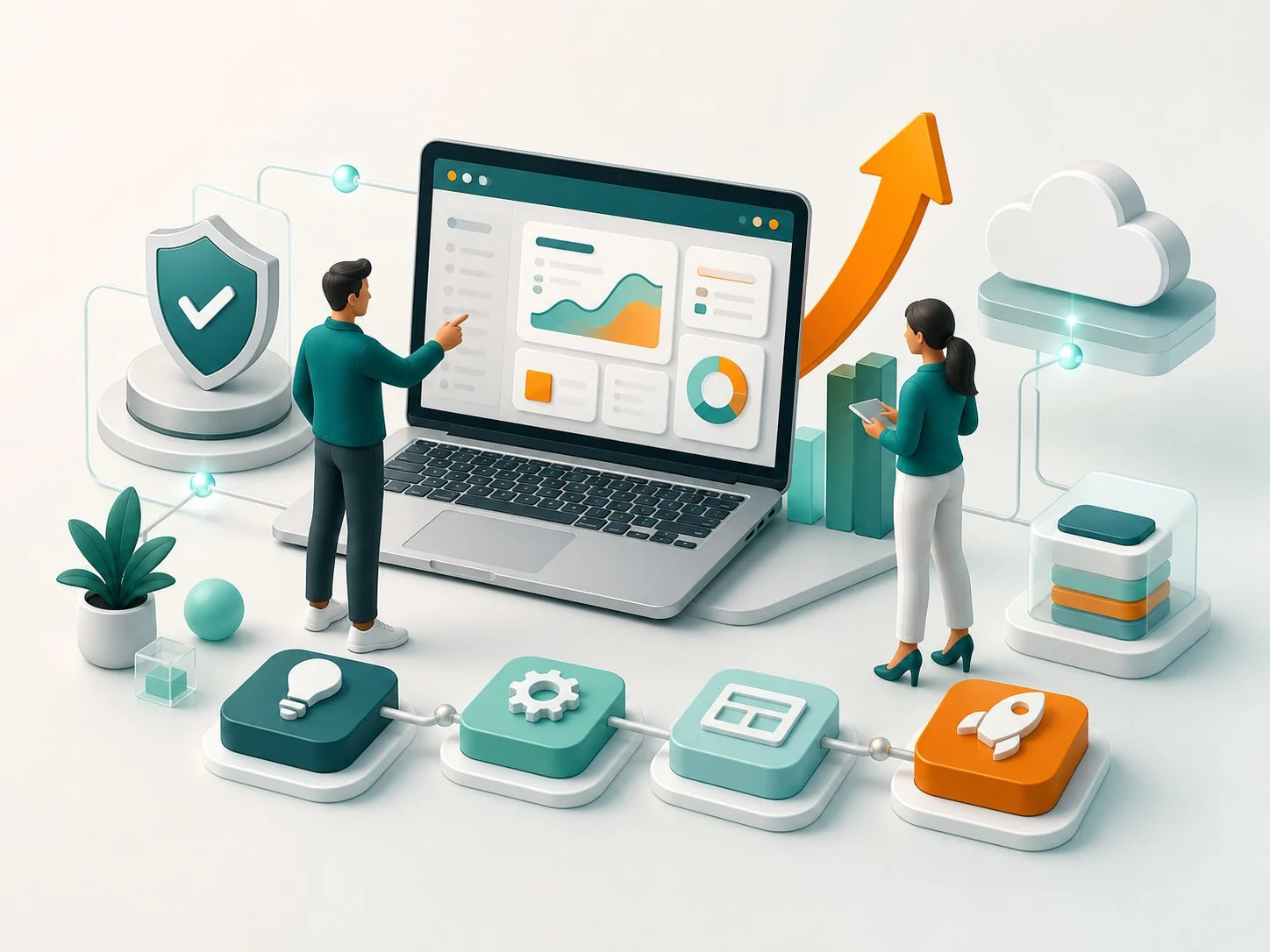 Web development partners collaborating on a secure, connected application designed for business growth