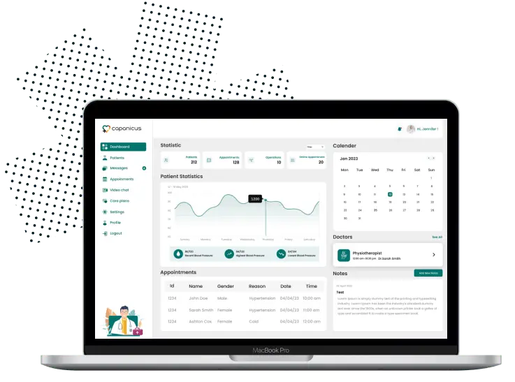 Telemedicine administration dashboard with patient statistics, appointments, doctors, and calendar