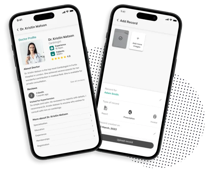 Telemedicine doctor app showing a physician profile and patient record upload