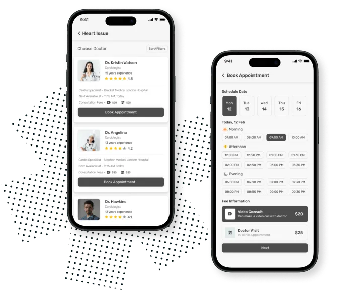 Telemedicine patient app showing doctor selection and appointment booking