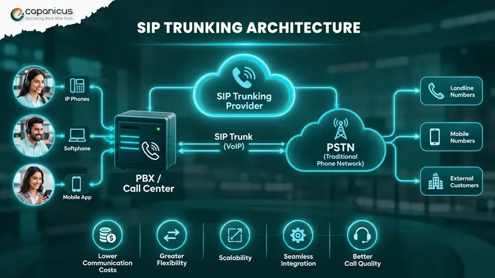 SIP trunking architecture connecting PBX, VoIP, PSTN, IP phones, softphones, and mobile apps